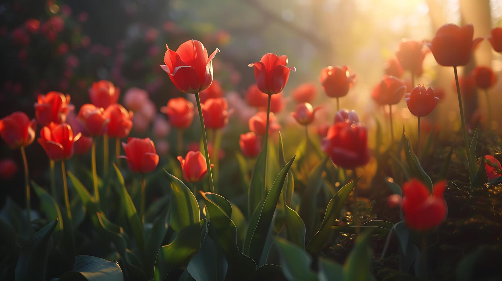 AI generated Dreamy Garden Close up of Red Tulips in Soft Natural Light photo