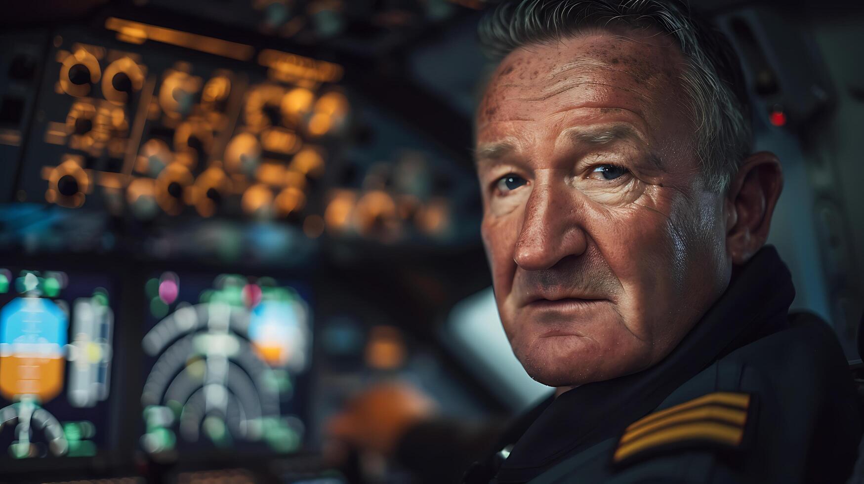 AI generated Focused Airline Pilot Checks Control Panel in Cockpit of Commercial Airplane Projecting Confidence photo
