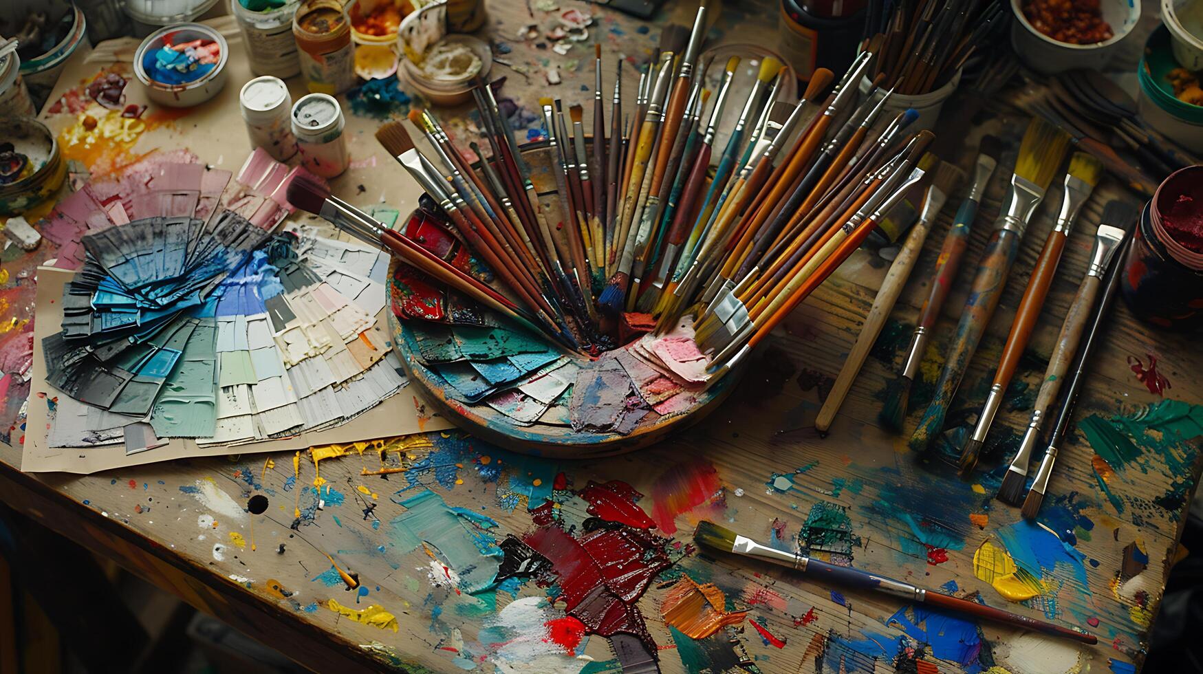 AI generated Artists Table Color Swatches and Paintbrushes Bathed in Soft Natural Light photo