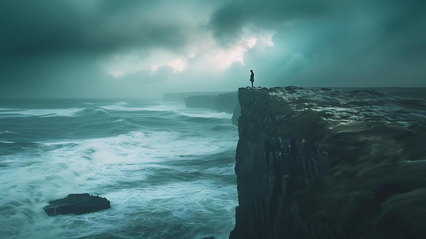 AI generated Resolute Figure Faces Turbulent Sea Symbolizing Strength and Perseverance photo