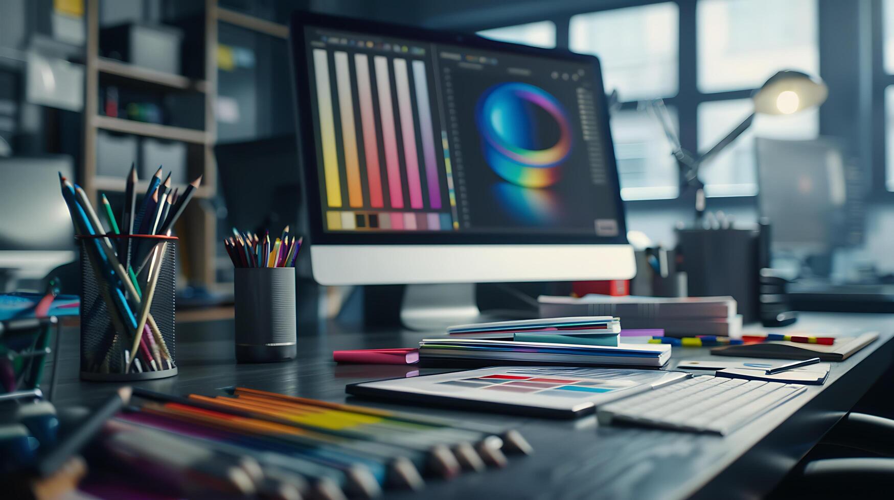 AI generated Designers Desk Creative Tools and Color Swatches Illuminated by Soft Natural Light photo