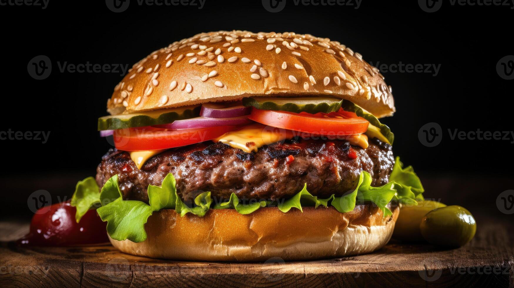 AI generated Close-up of homemade beef burger on rustic wooden table, tempting and delicious, Ai Generated photo