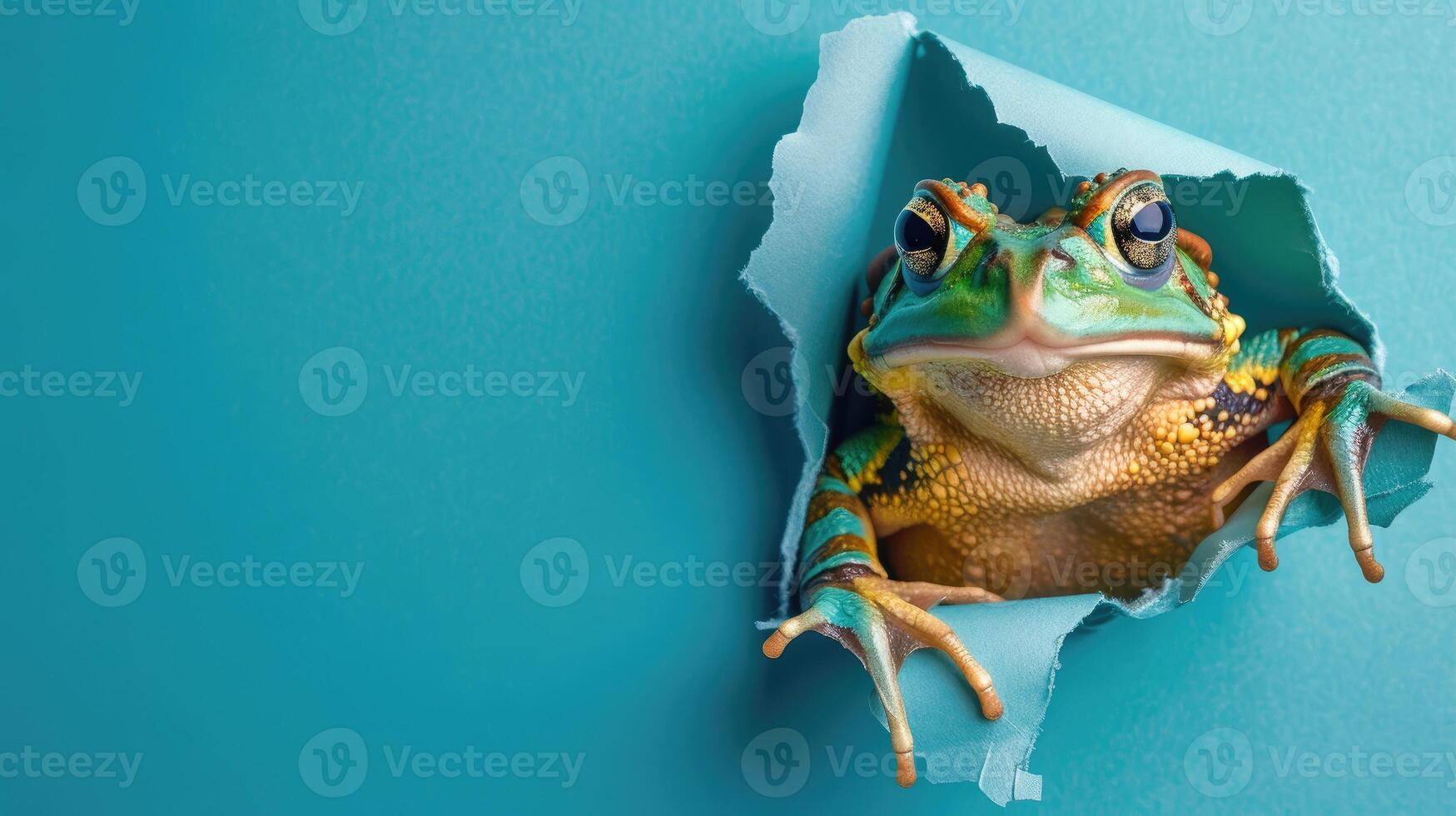 AI generated A humorous toad peers through a ripped hole in a contrast pastel color paper background, Ai Generated photo