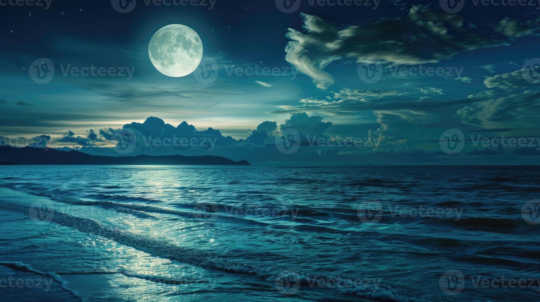 ai generado romántico y escénico panorama presentando un lleno Luna fundición sus resplandor en el mar, ai generado. foto