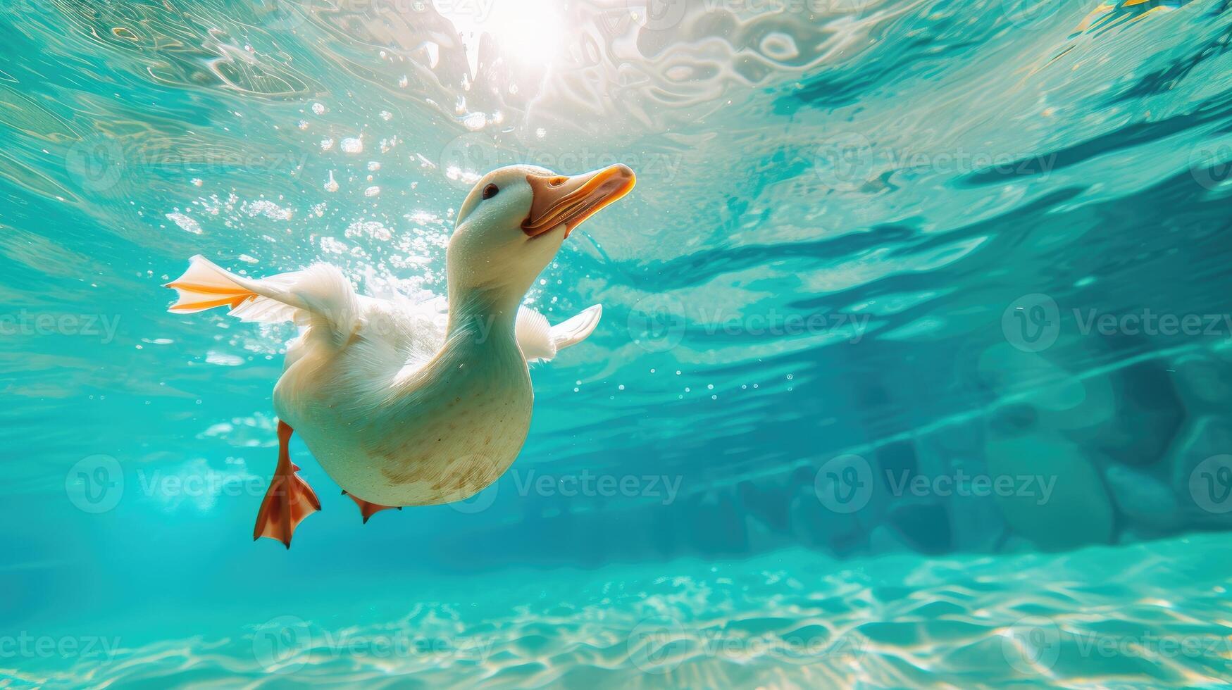AI generated Hilarious underwater scene duck in pool plays deep dive action, Ai Generated. photo