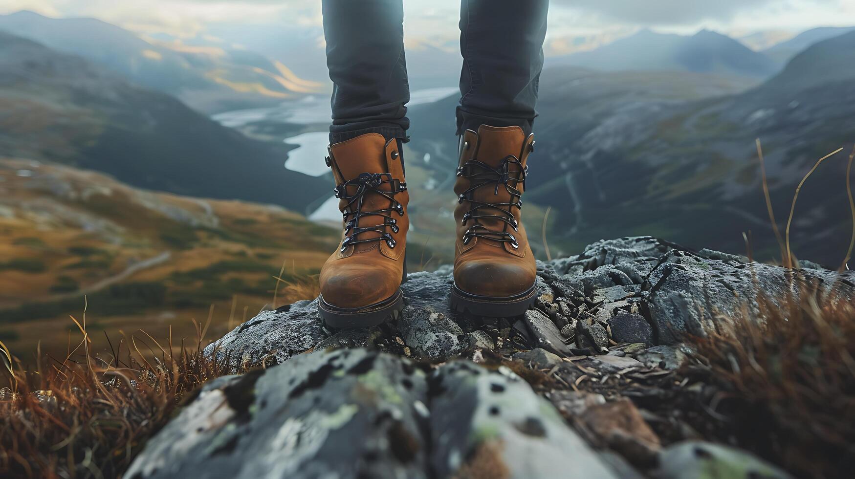 AI generated Hikers Perspective Boots on Rocky Trail Overlooking Breathtaking Valley photo