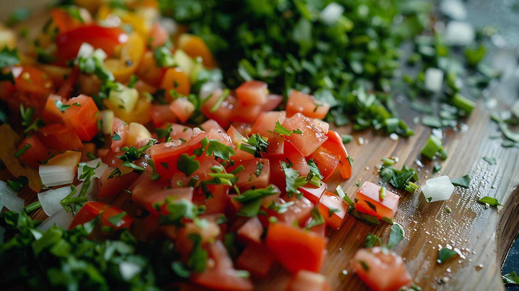 AI generated Colorful Array of Chopped Vegetables and Herbs Bathed in Soft Natural Light photo