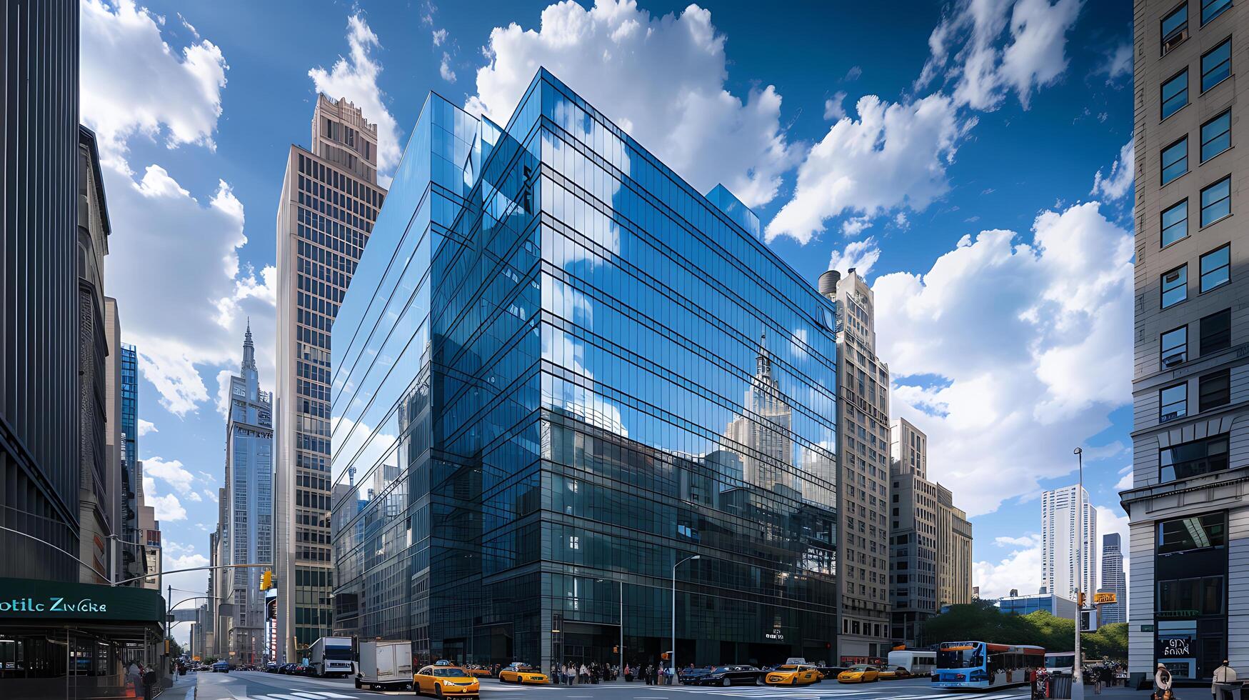AI generated Sleek Glass Office Building Reflects Urban Skyline Centered Wide Shot Captured with Telephoto Lens photo