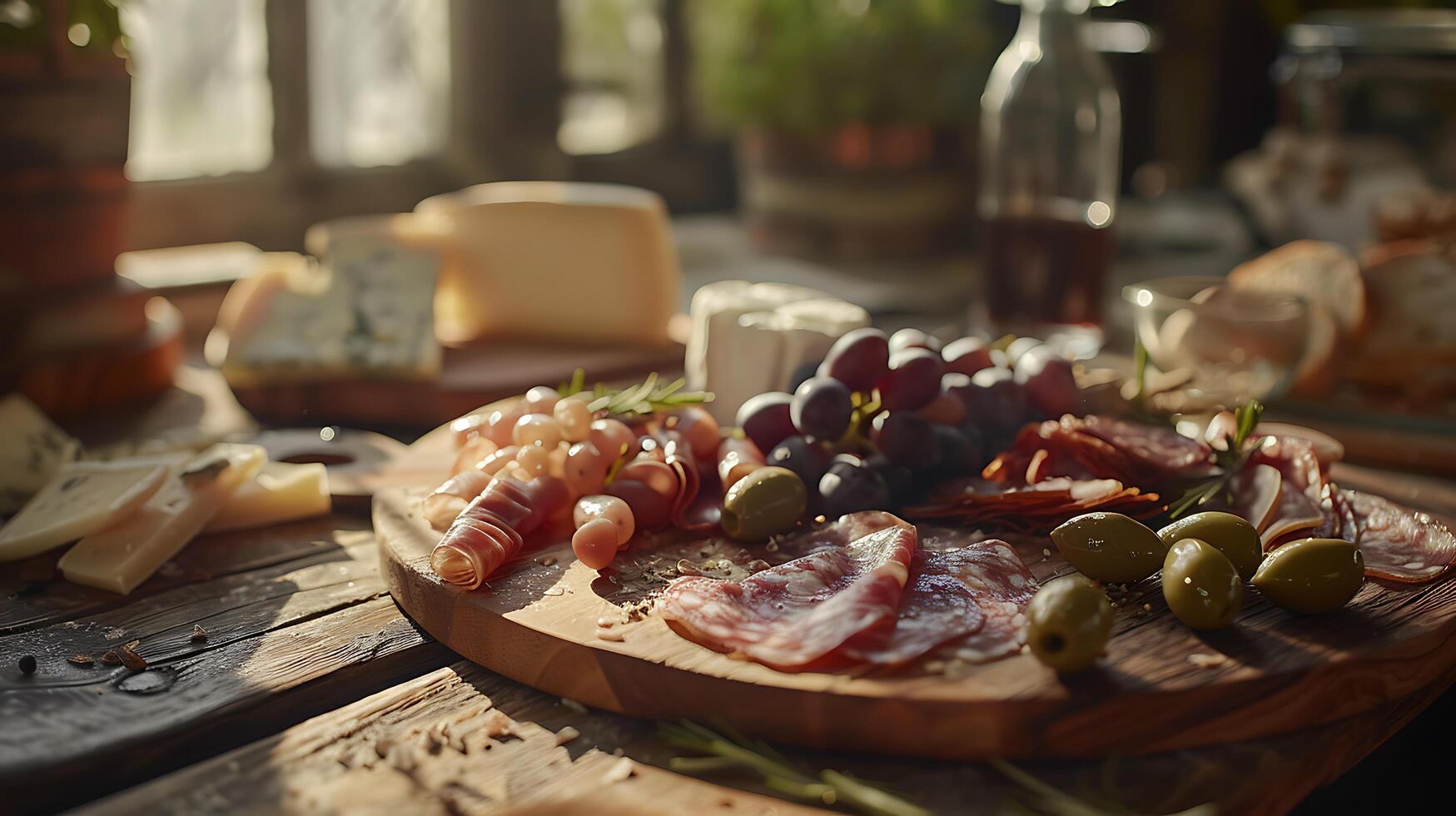 AI generated Deliciously Arranged Charcuterie Board Bathed in Soft Natural Light Sets Rustic Scene photo