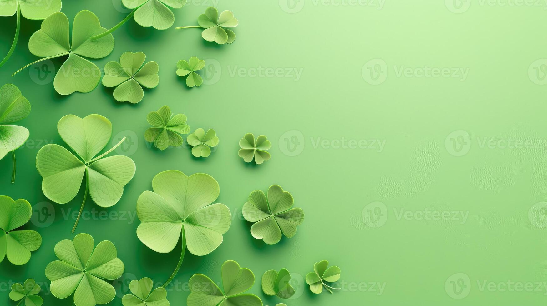 AI generated Vibrant green background adorned with three-leaved shamrocks, clover leaves. Ai Generated. photo