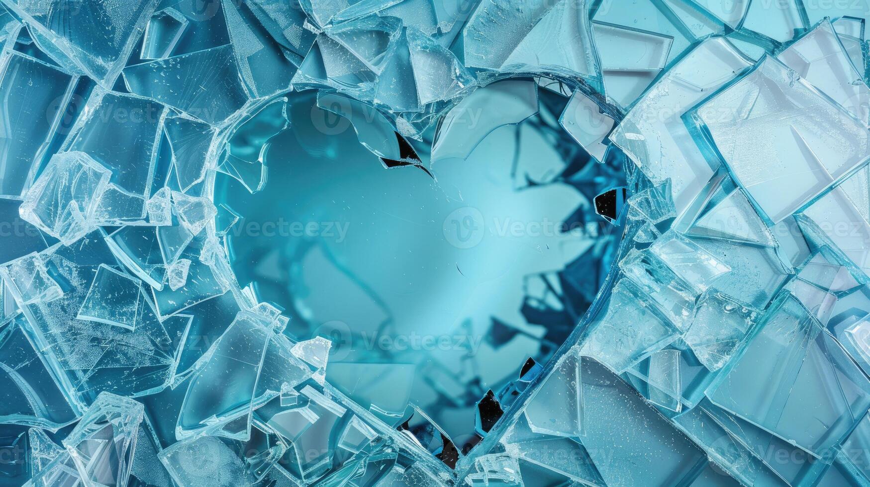 AI generated Evocative broken blue glass background with a heart-shaped hole, creating a unique and sentimental ambiance, Ai Generated. photo