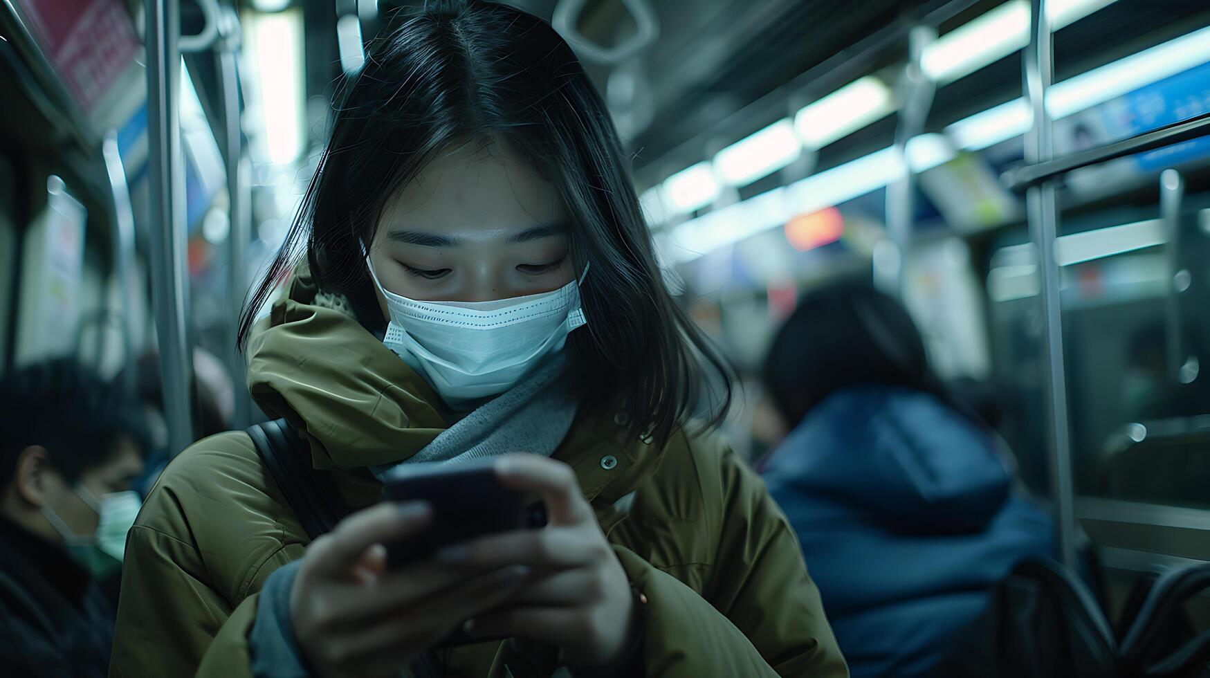 AI generated Young Woman Smiles Listening to Music with Wireless Earbuds Surrounded by Tech Gadgets at Colorful Desk photo