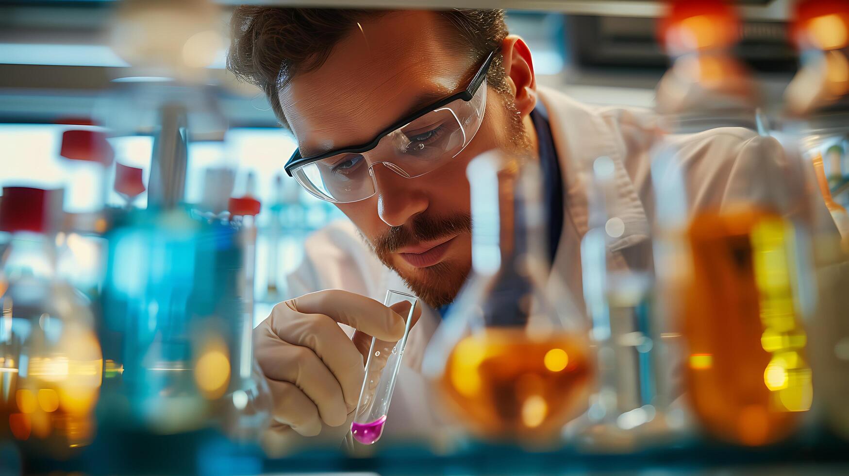 AI generated Scientist Conducts Precise Experiment Amidst Colorful Chemicals and Scientific Equipment photo
