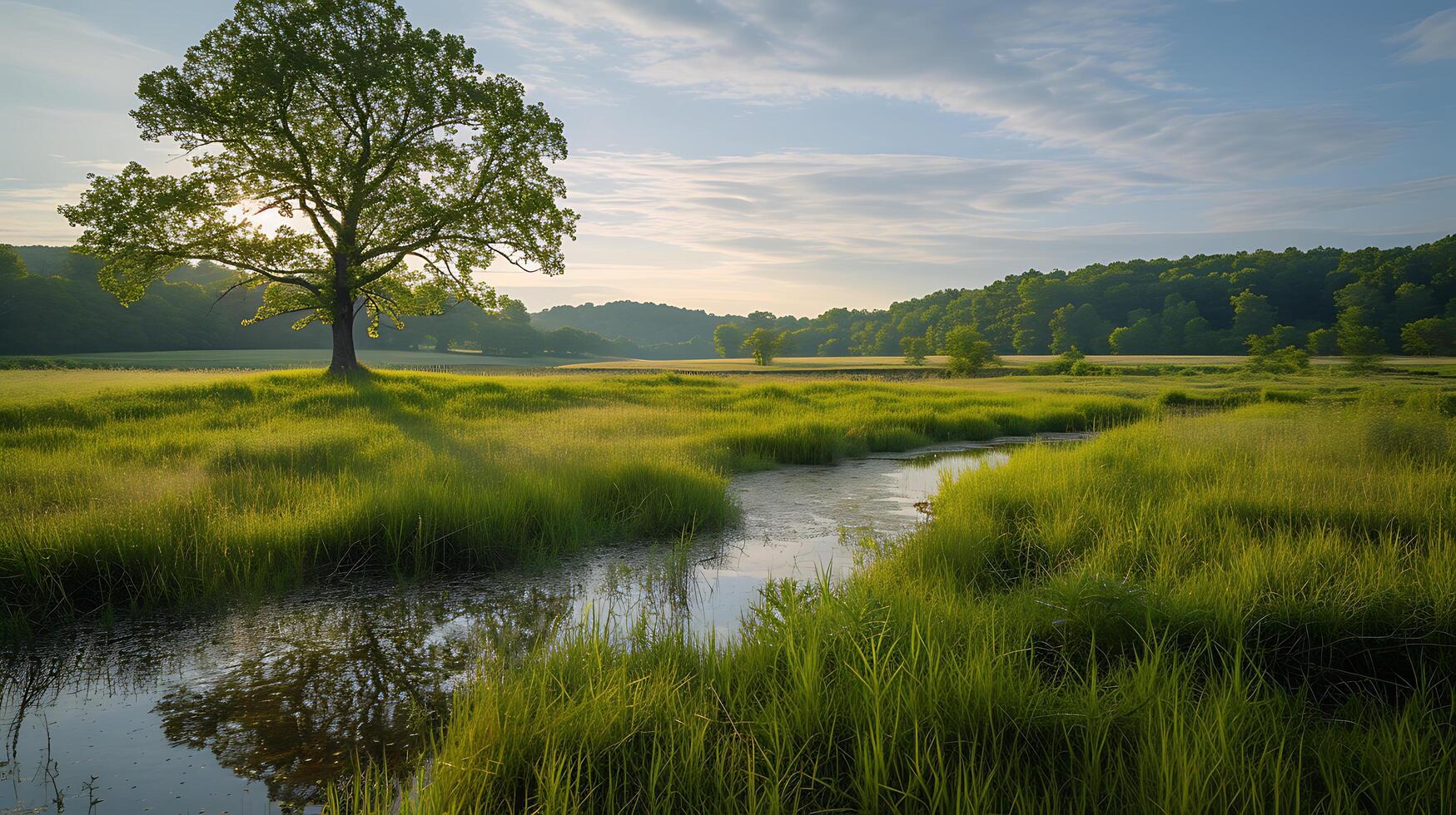 AI generated Tranquil Dawn Serene Meadow Lone Tree Babbling Brook Reflecting the Spectrum of Human Emotions photo