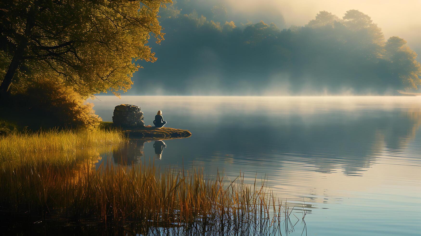 AI generated Solitary Morning Yoga Practice by Secluded Lake Bathed in Golden Sunlight Embraced by Peaceful Nature photo