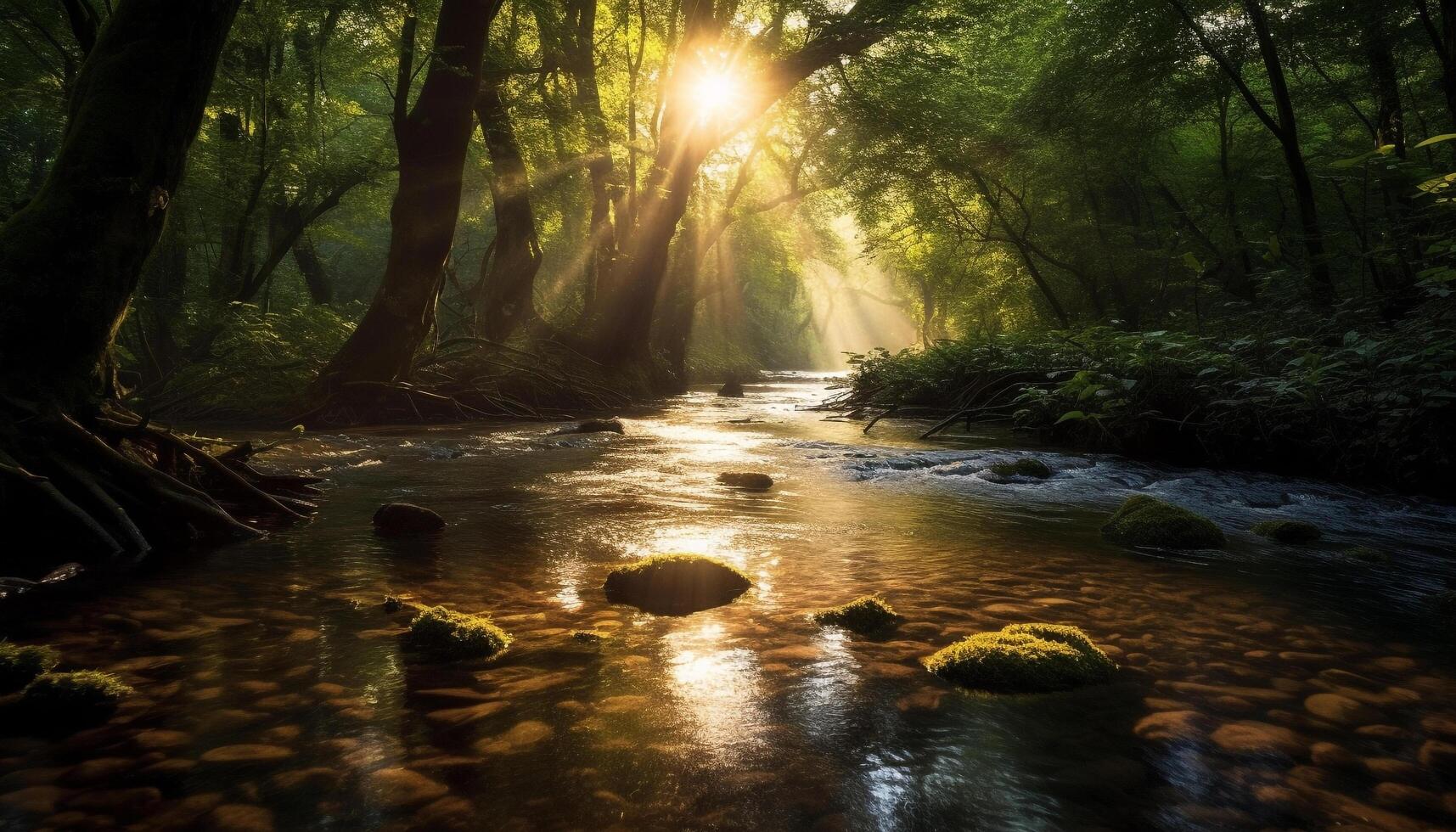 AI generated Tranquil scene of a forest with flowing water generated by AI photo