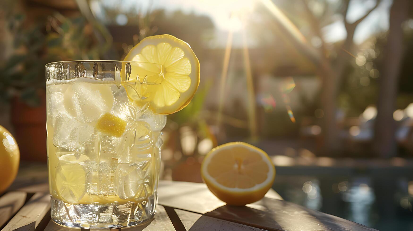 AI generated Refreshing Lemonade Delightfully Adorned on Rustic Table Captured CloseUp With 50mm Lens photo