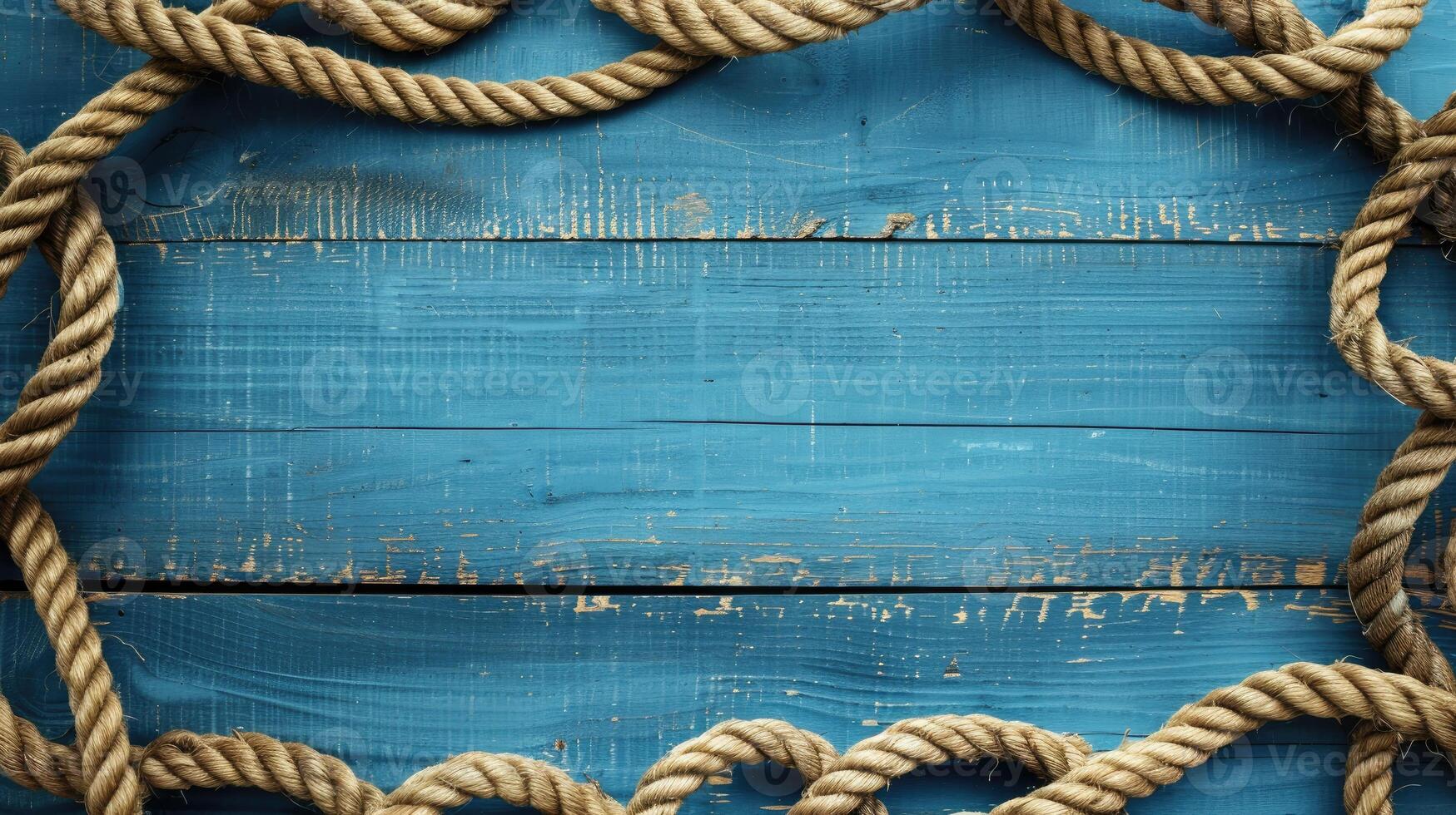 AI generated Nautical background featuring a rope shaped as a circle on a wood backdrop. Ai Generated. photo