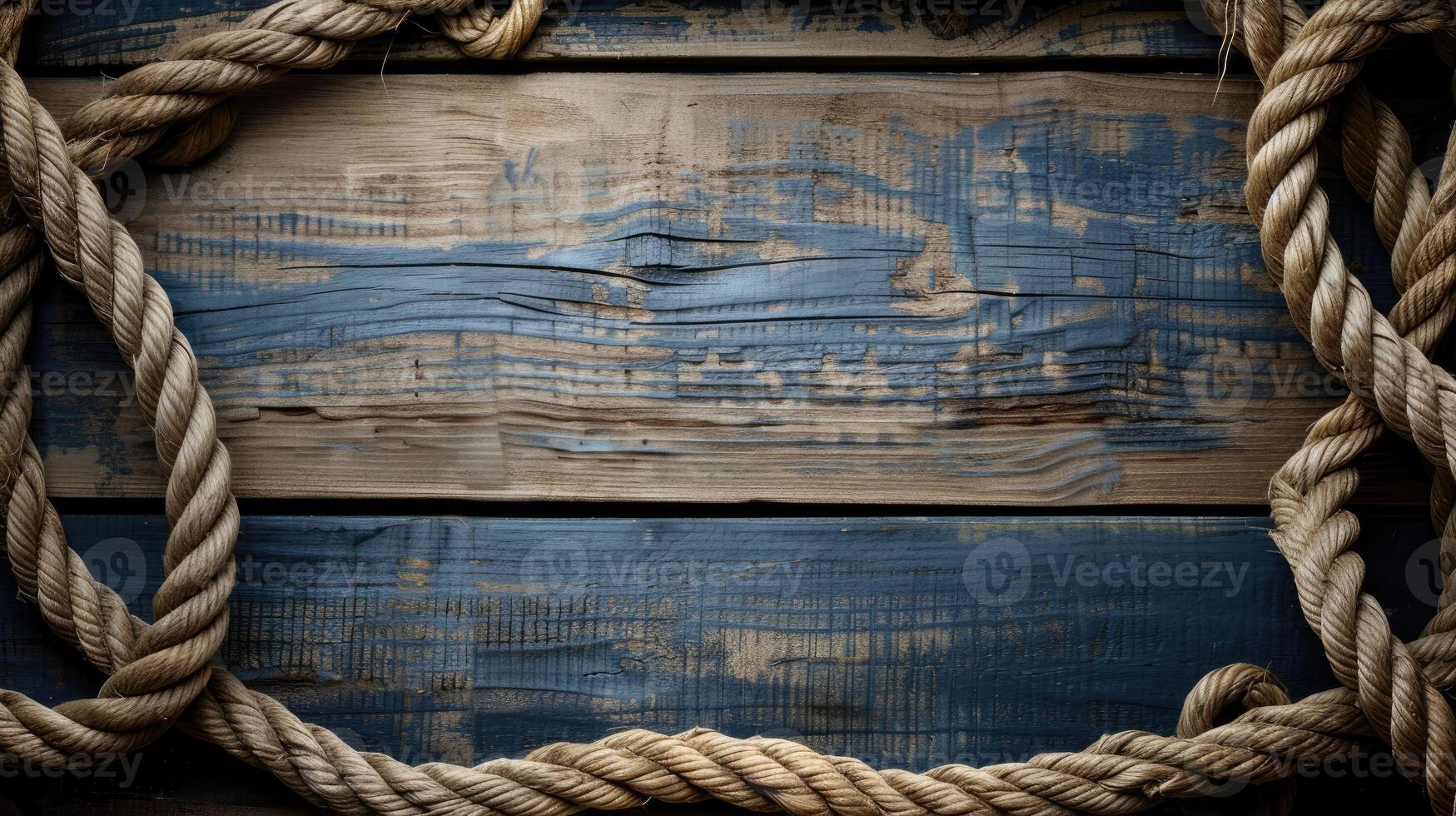 AI generated Nautical background featuring a rope shaped as a circle on a wood backdrop. Ai Generated. photo