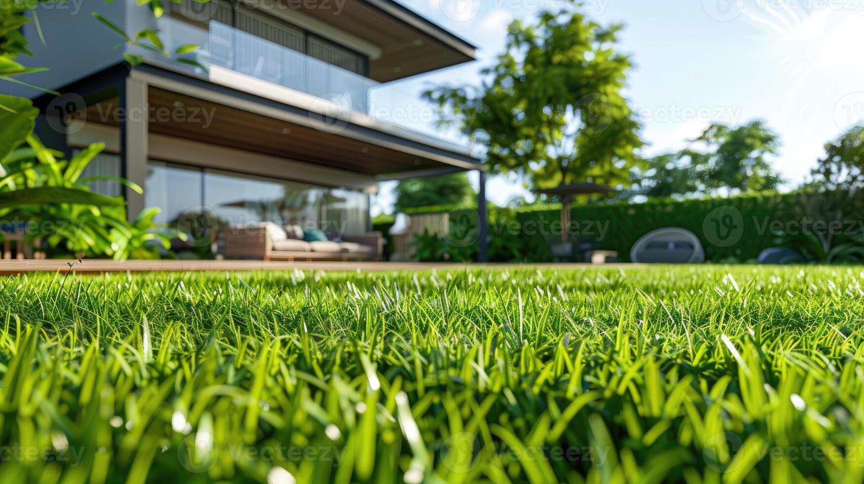 AI generated Serene morning scene lush green lawn with modern house backdrop. Ai Generated. photo