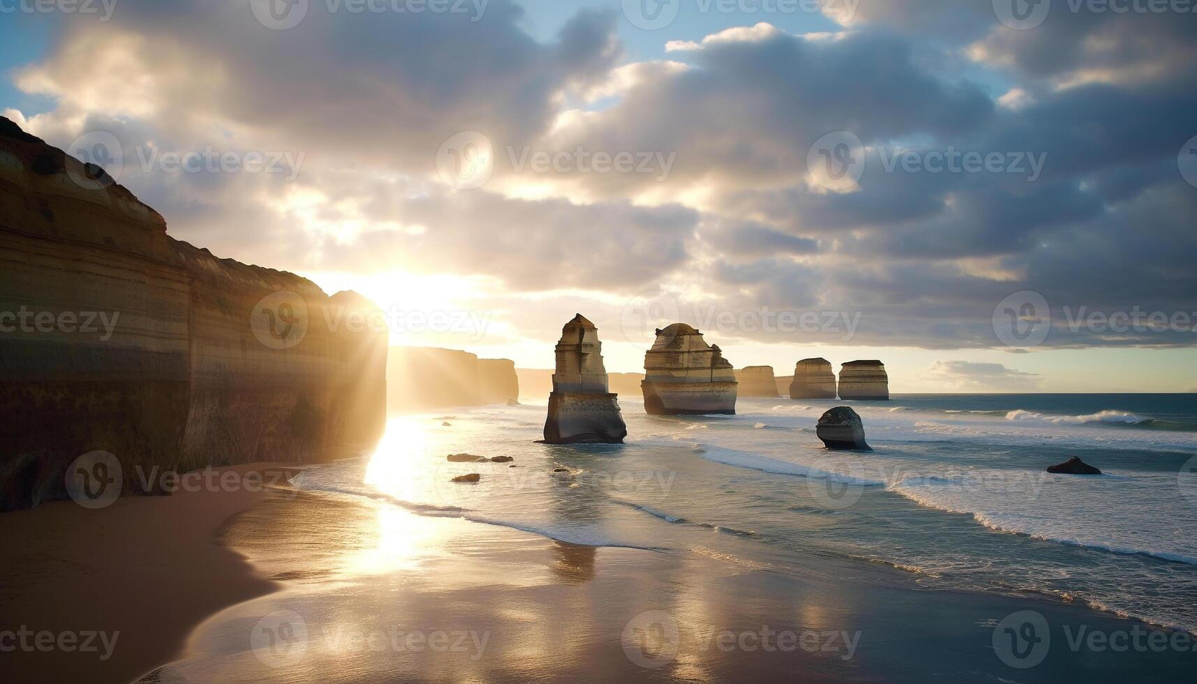 AI generated Majestic sunset over tranquil waters, eroded cliff generated by AI photo