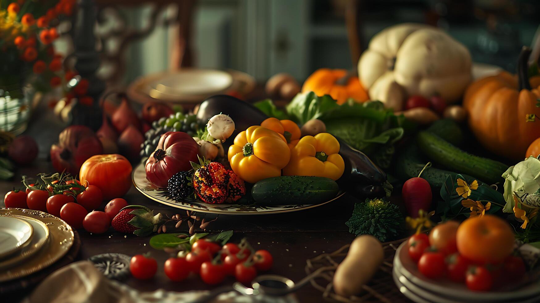 AI generated Vibrant Macro Still Life Colorful Fruits and Vegetables Showcased in CloseUp Textures photo