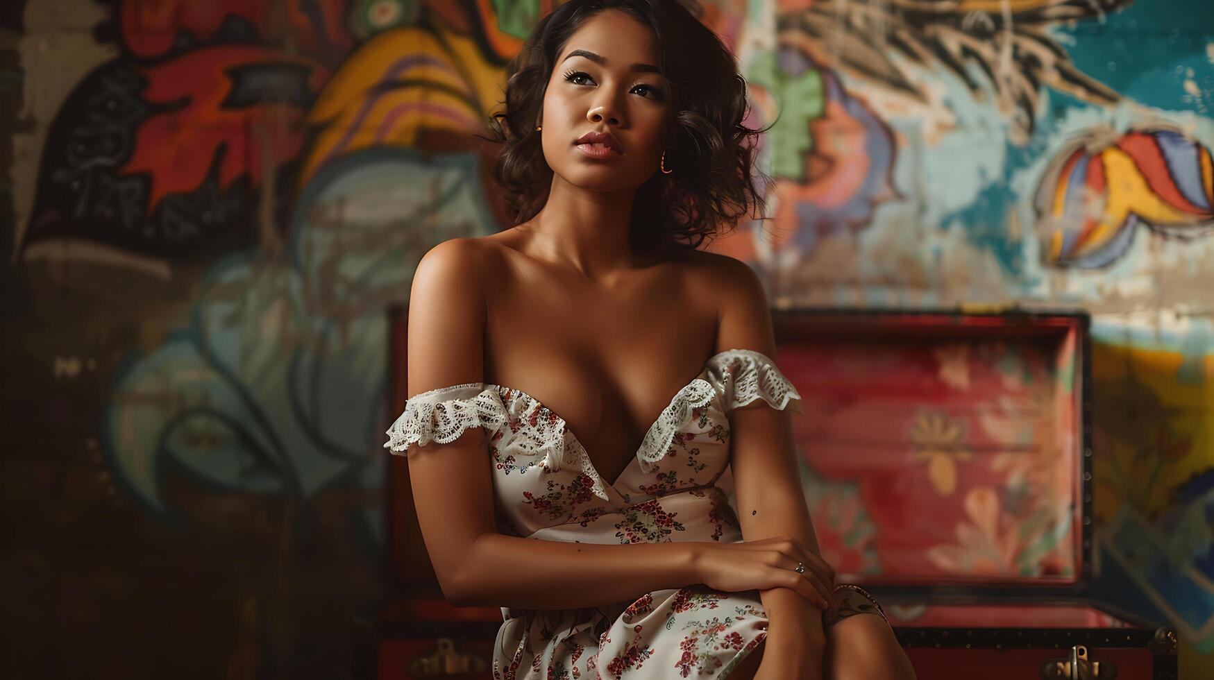 AI generated Elegant Woman Poses Against Colorful Mural in Soft Natural Light Embracing Vintage Vibe photo