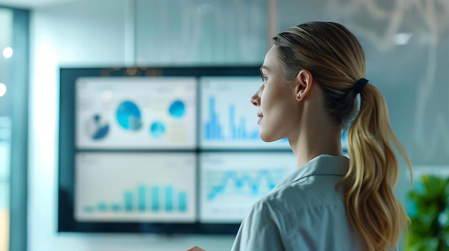 AI generated Corporate Executive Delivers Dynamic Presentation Amidst Modern Surroundings Emphasizing Financial Graphs on Large Display photo
