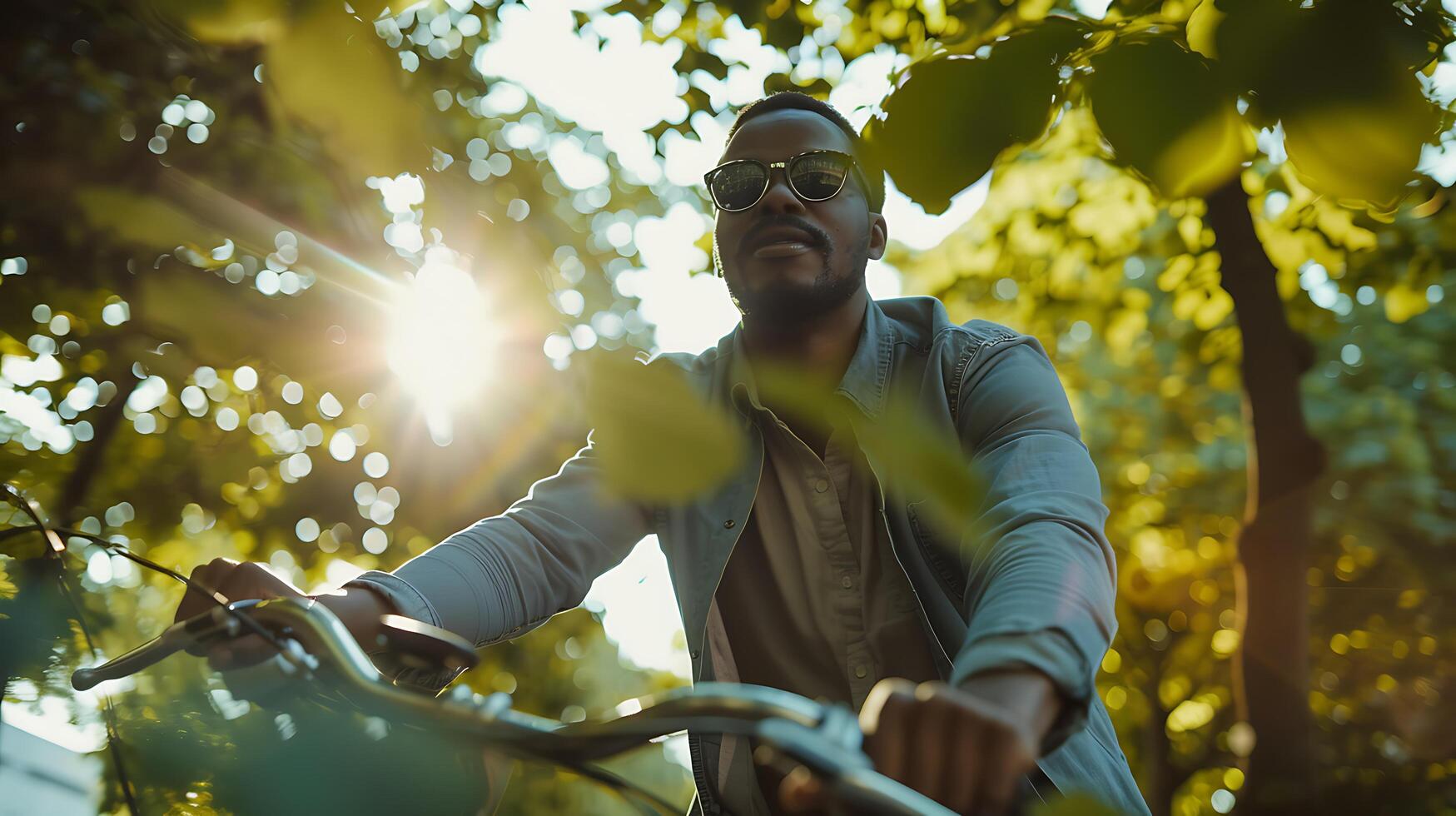 AI generated Man Navigates Urban Streets on Bicycle Amid City Traffic and Tall Buildings photo