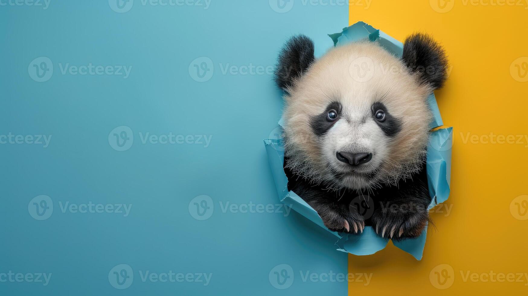 AI generated A humorous panda peers through a ripped hole in a contrast pastel color paper background, Ai Generated photo