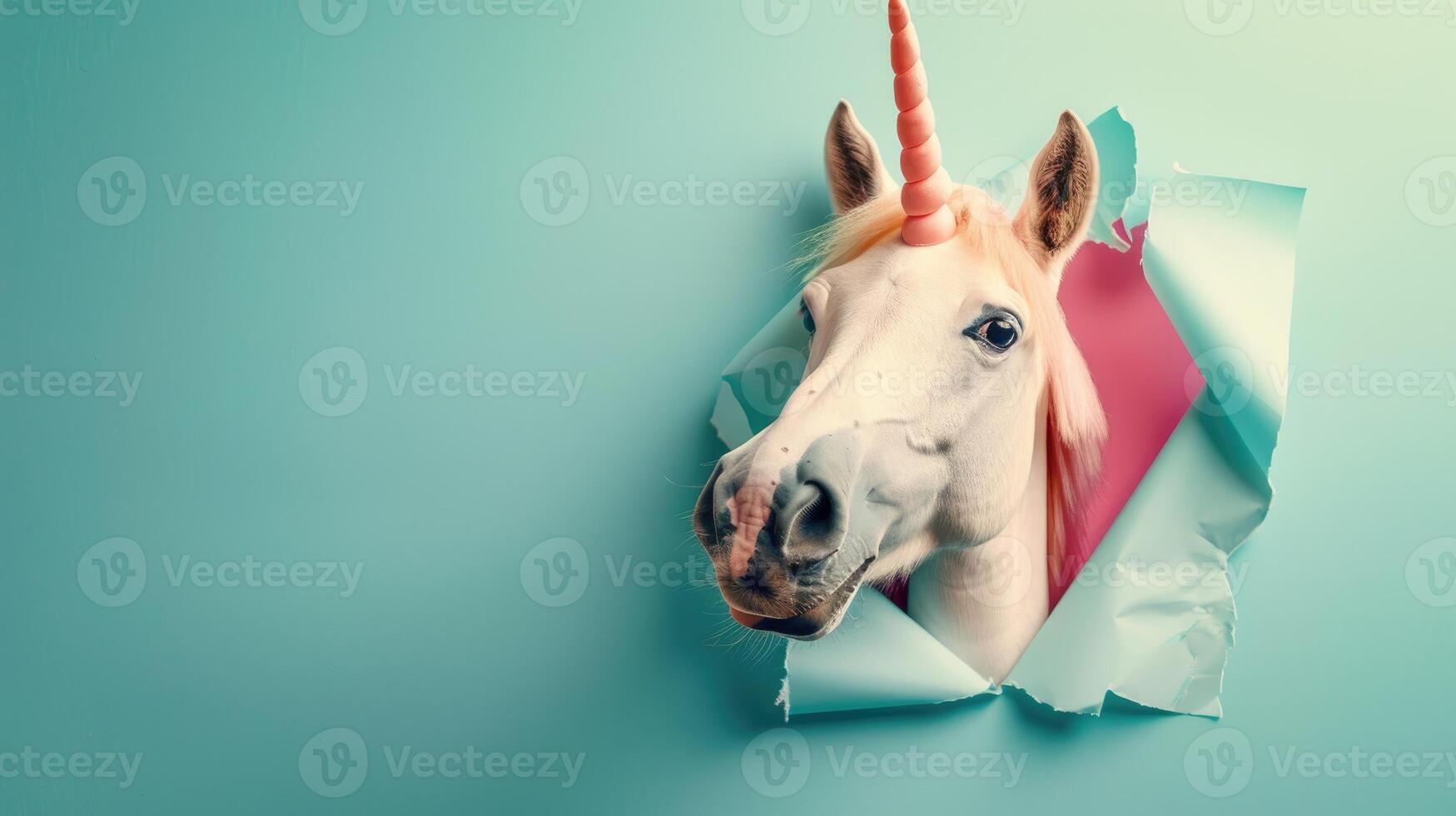 ai generado divertido unicornio compañeros mediante rasgado agujero en vibrante papel fondo. ai generado. foto