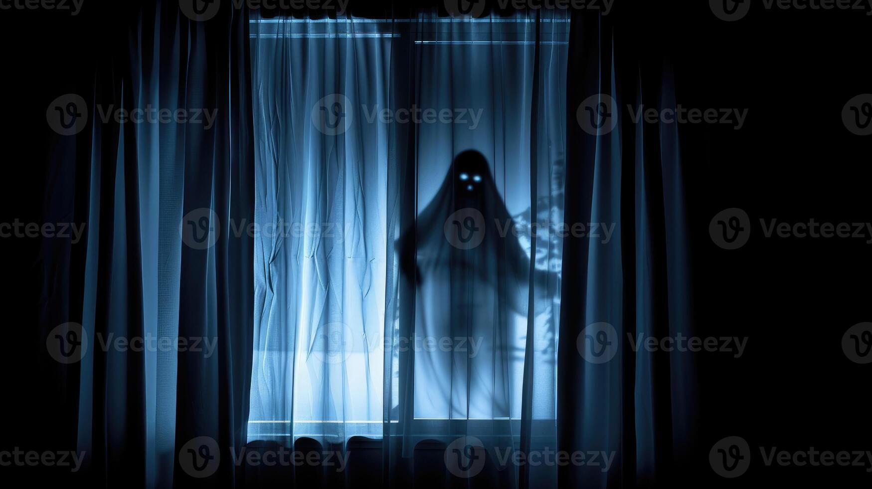 AI generated Blurred ghost silhouette in bedroom window at night, setting a spooky Halloween scene, Ai Generated photo