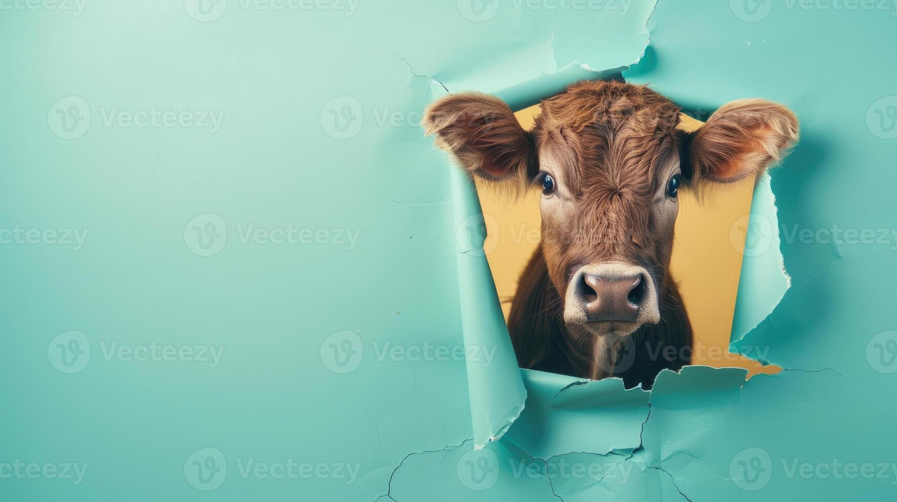 AI generated A humorous ox peers through a ripped hole in a contrast pastel color paper background, Ai Generated photo