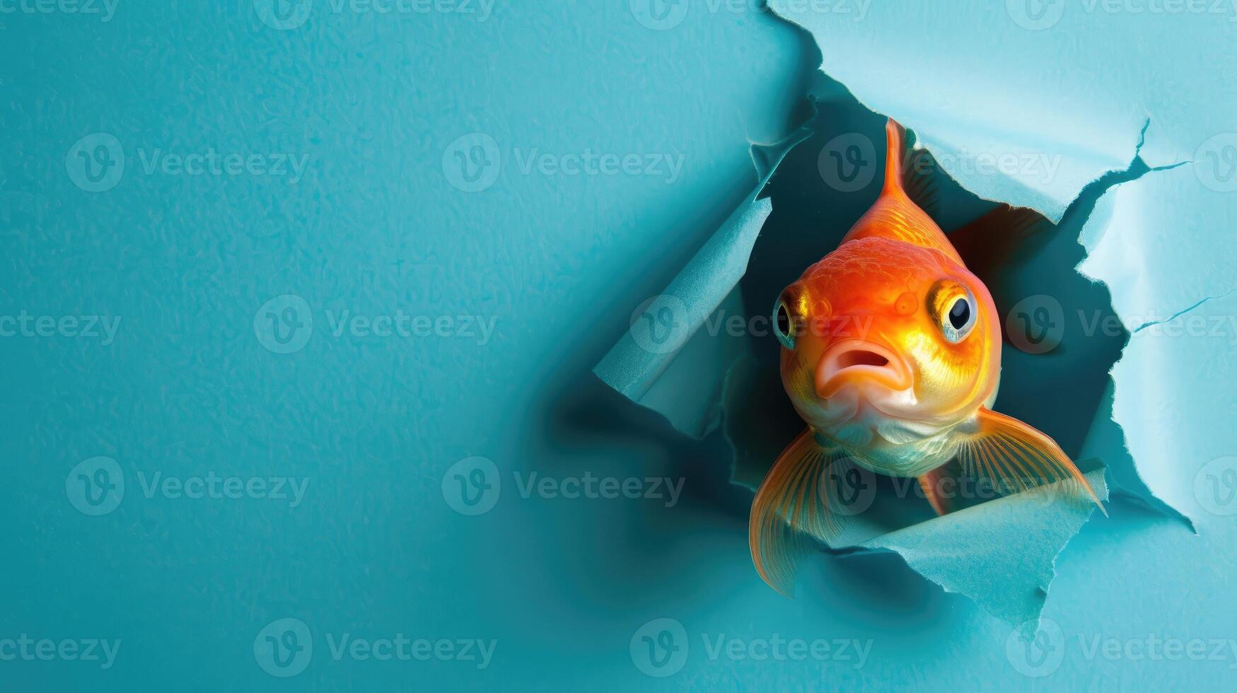 AI generated A humorous goldfish peers through a ripped hole in a contrast pastel color paper background, Ai Generated photo