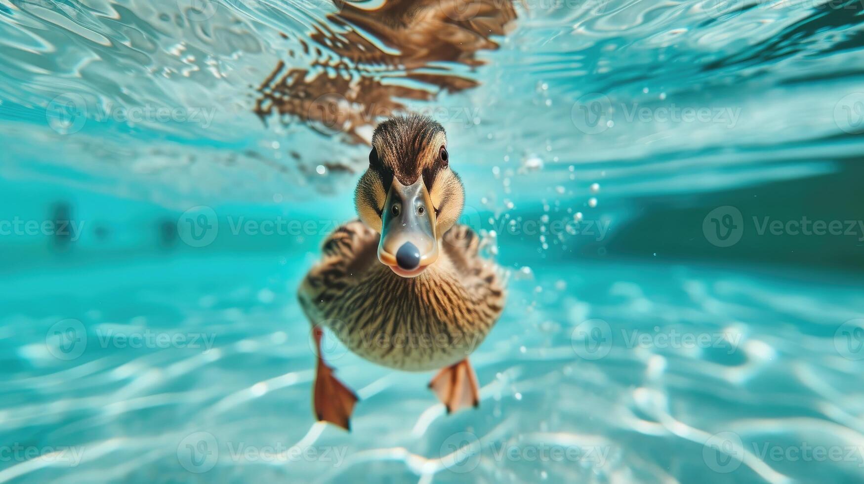 AI generated Hilarious underwater scene duck in pool plays deep dive action, Ai Generated. photo