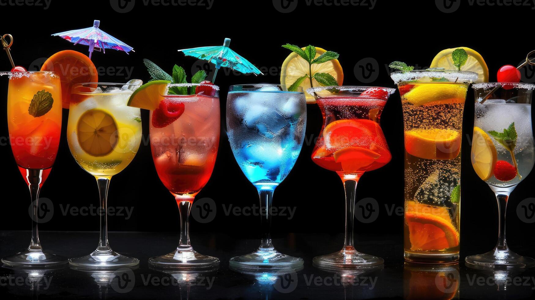 AI generated Assortment of various cocktails presented on a sleek black background, offering a sophisticated display. Ai Generated. photo