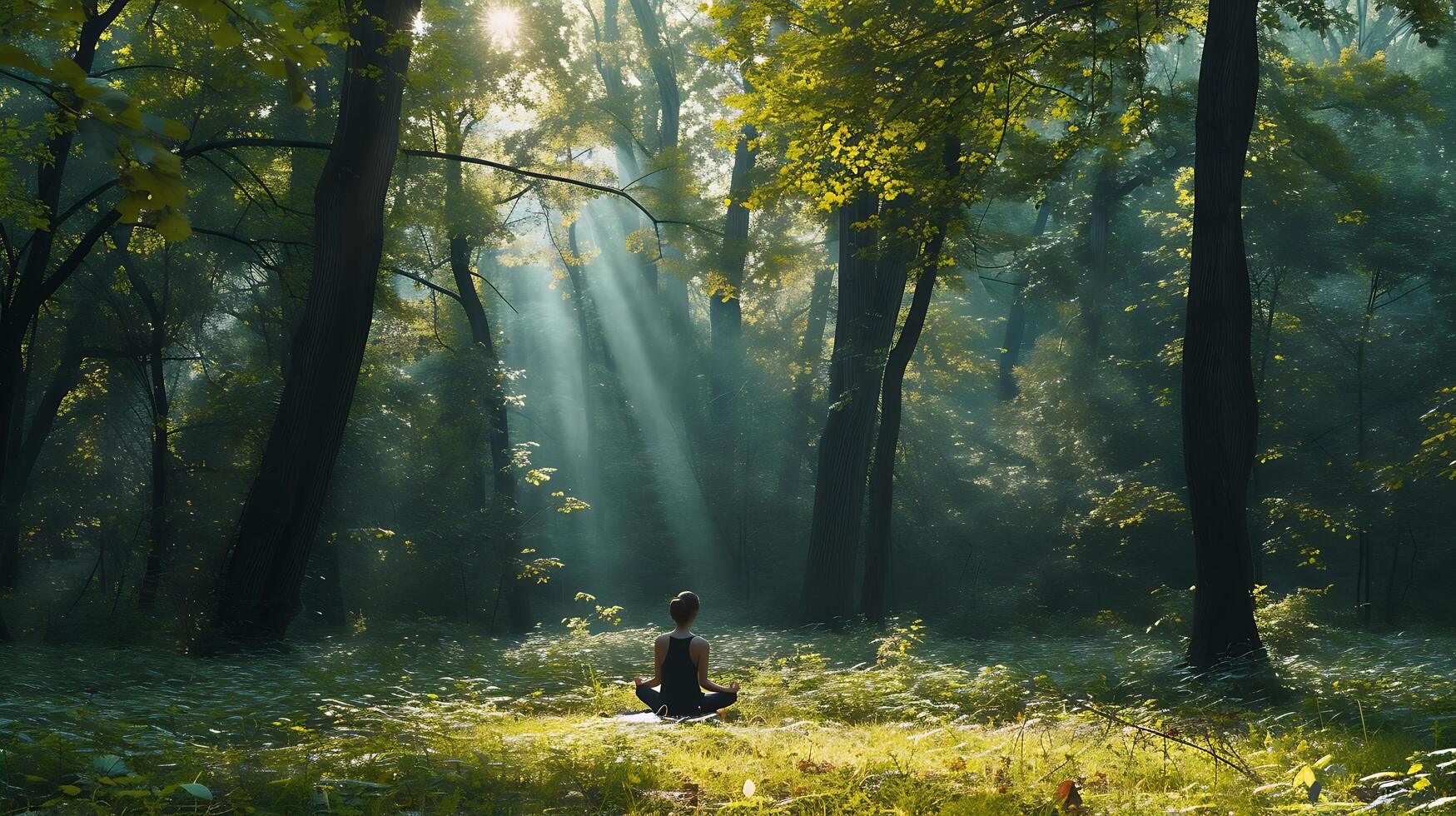 ai generado tranquilo bosque claro meditativo serenidad yoga gracia y consciente de diario en medio de naturalezas elástico atmósfera foto