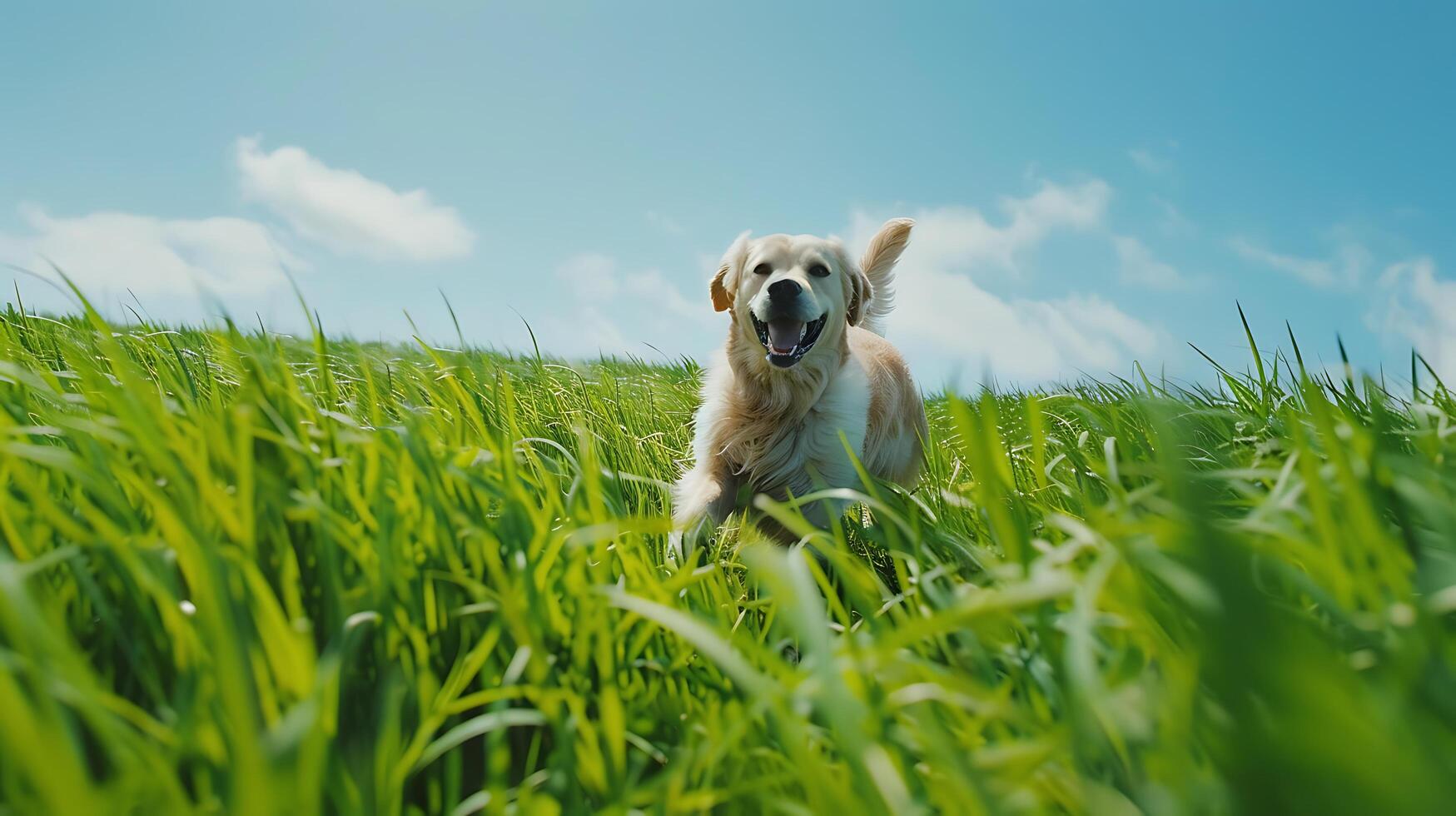 AI generated Golden Retriever Joyfully Bounds Through Vibrant Field Under Clear Blue Sky Captured with Wide 50mm Lens photo