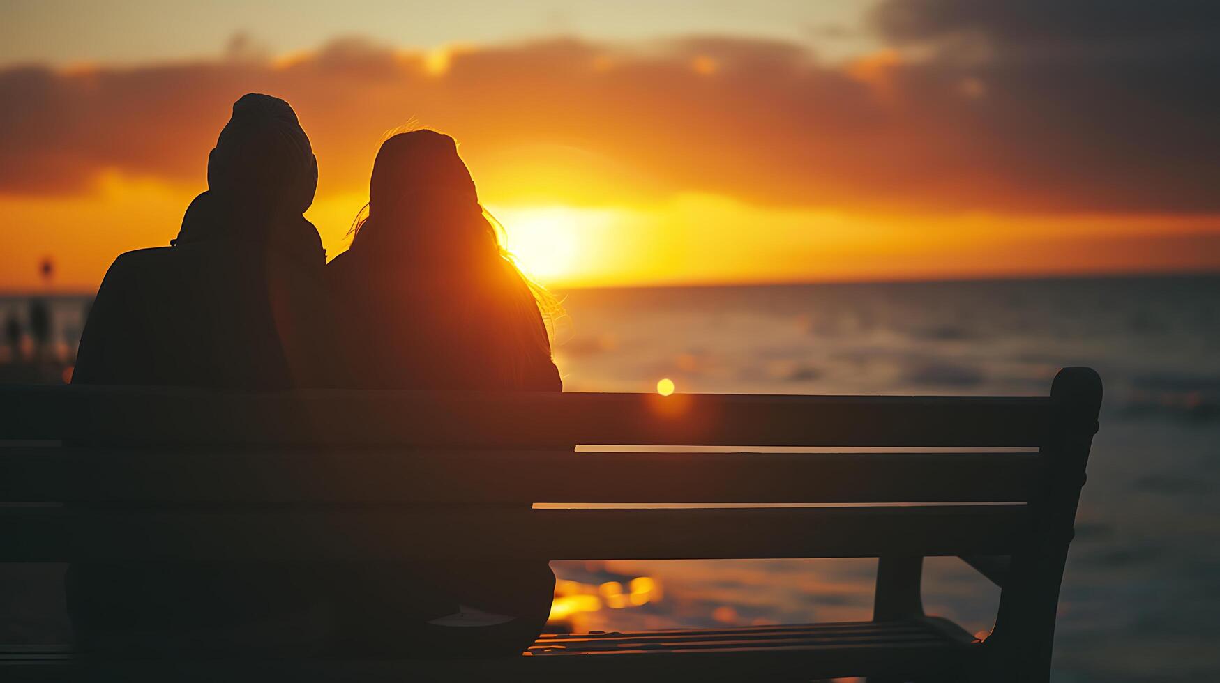 AI generated MiddleAged Couple Embrace Love Holding Hands on Bench Sunset Over Ocean photo