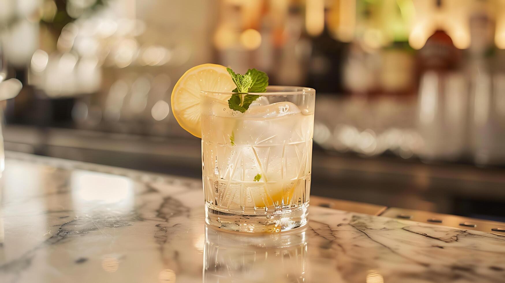 AI generated Refreshing Citrus Mint Cocktail Shines on Marble Bar Counter in CloseUp Shot photo