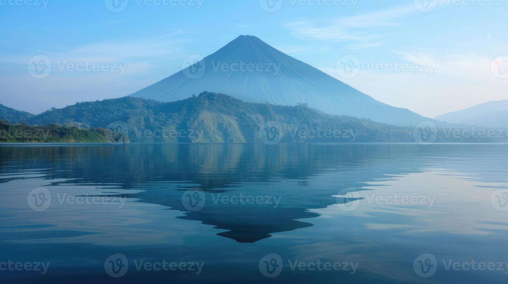 ai generado volcánico montaña reflejado en calma lago aguas ai generado foto