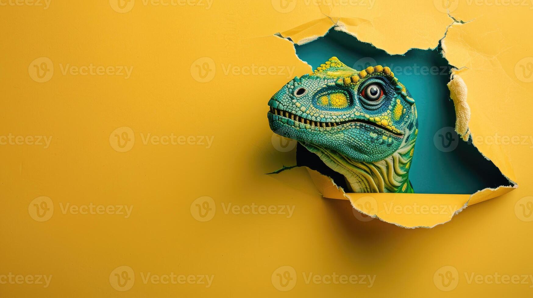 AI generated A humorous dinosaur peers through a ripped hole in a contrast pastel color paper background, Ai Generated photo