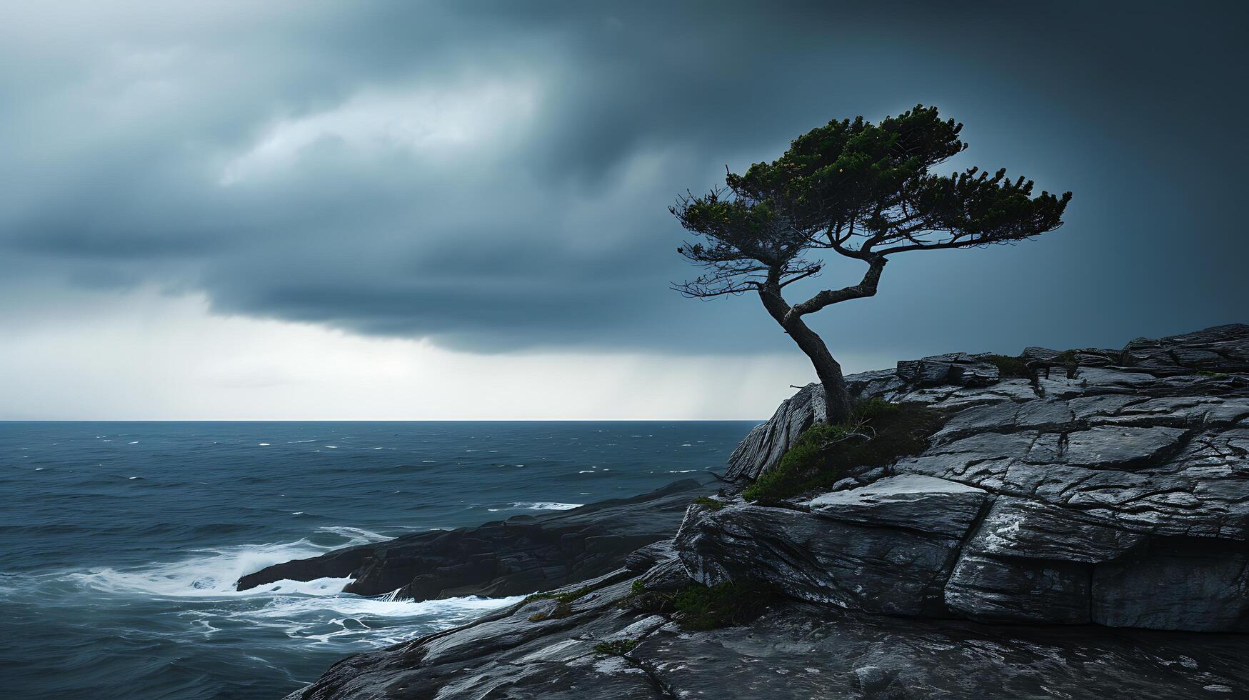 ai generado elástico solitario árbol desafiante en contra Tormentoso cielo arraigado en fuerza en medio de adversidad foto