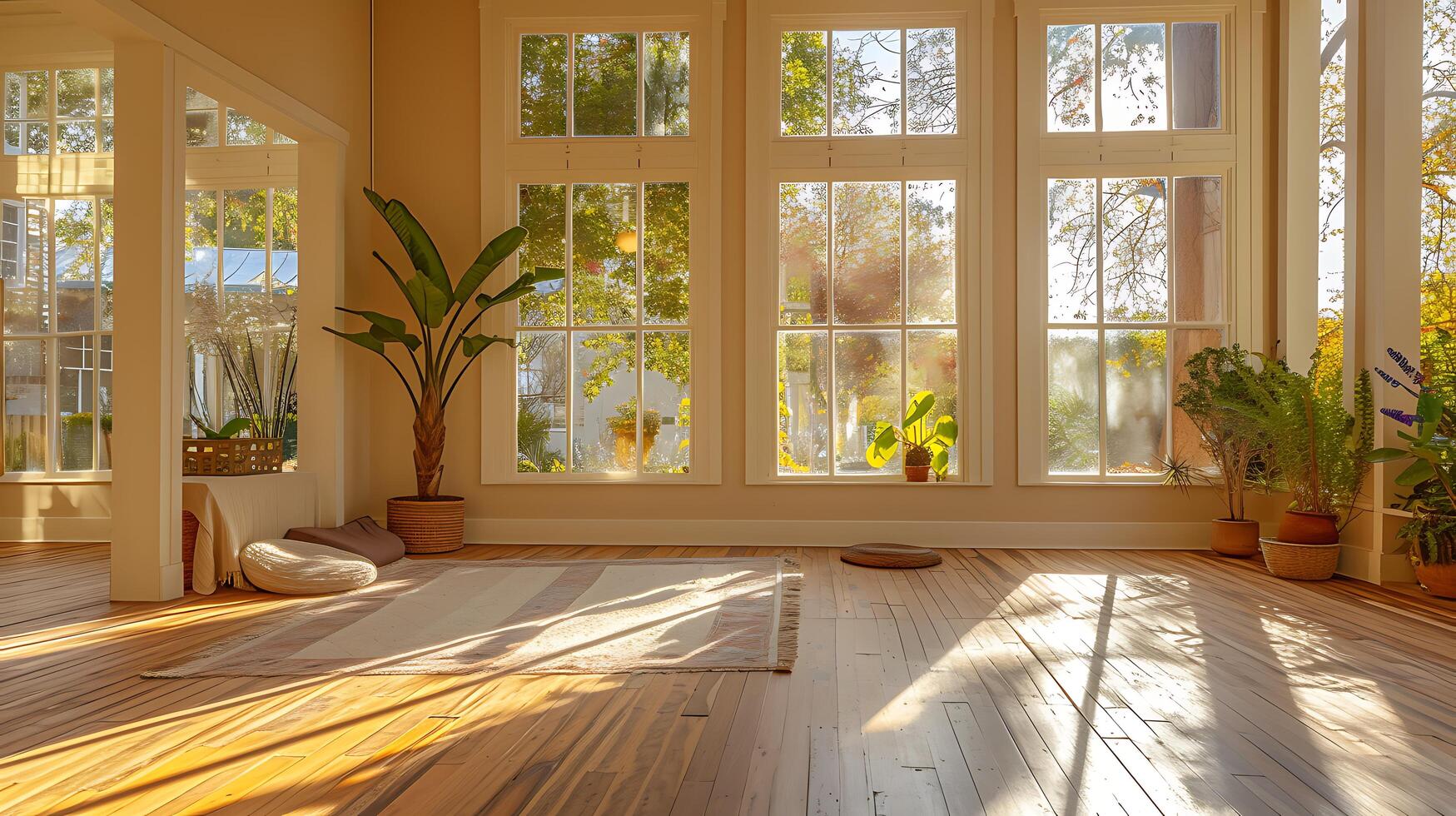 AI generated Serene Sunlit Room Overlooking Peaceful Garden Filled with Uplifting Quotes Yoga and Calming Ambient Music photo