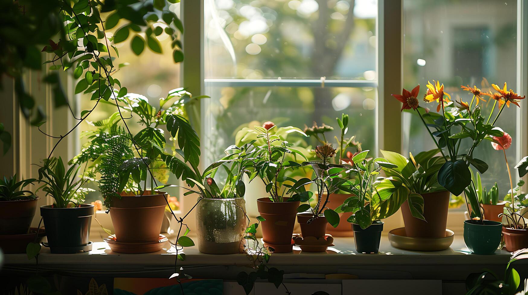 AI generated Sunny Windowsill Displays Variety of Potted Plants with Vibrant Green Leaves and Colorful Blossoms photo