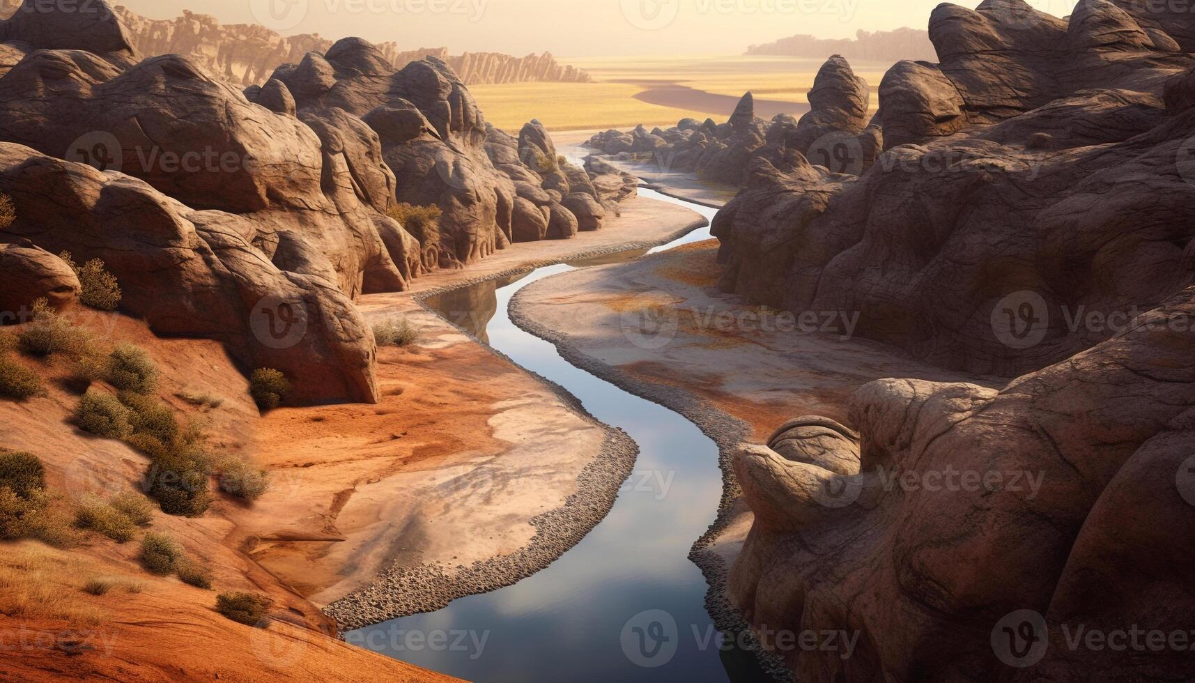 AI generated Majestic sandstone cliff reflects sunset on tranquil water generated by AI photo