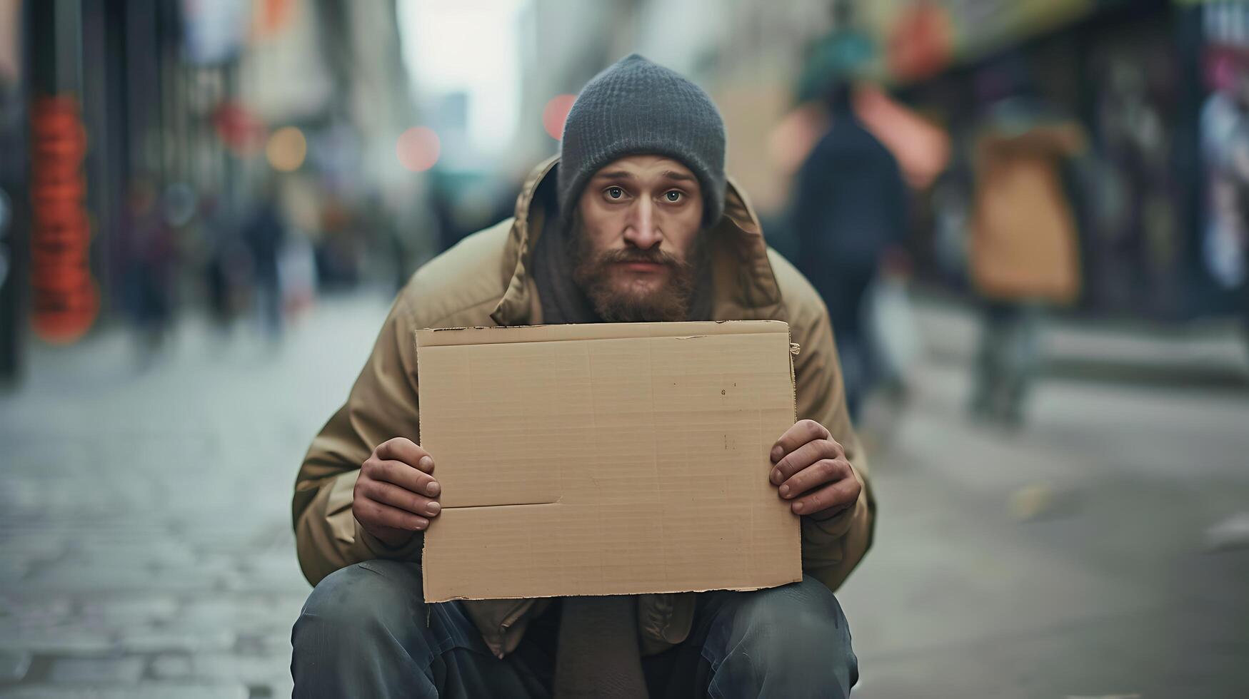 AI generated Homeless Man Holds Sign on Sidewalk Bathed in Soft Natural Light photo