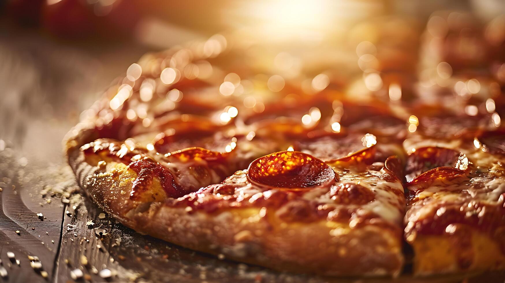 AI generated Freshly Baked Pepperoni Pizza Rustic Table Crispy Crust and Warm Natural Light photo