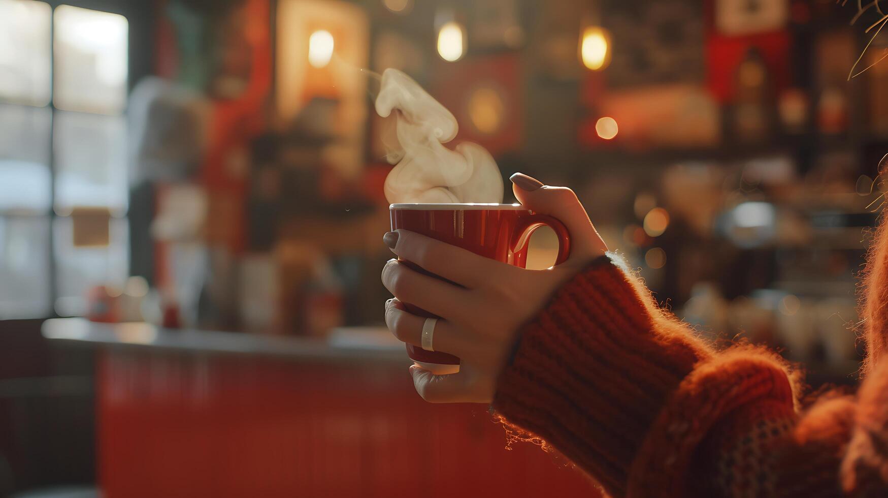 AI generated Cozy Coffee Shop Moment Hand Holding Steaming Cup Shot with 50mm Lens in Soft Interior Ambiance photo