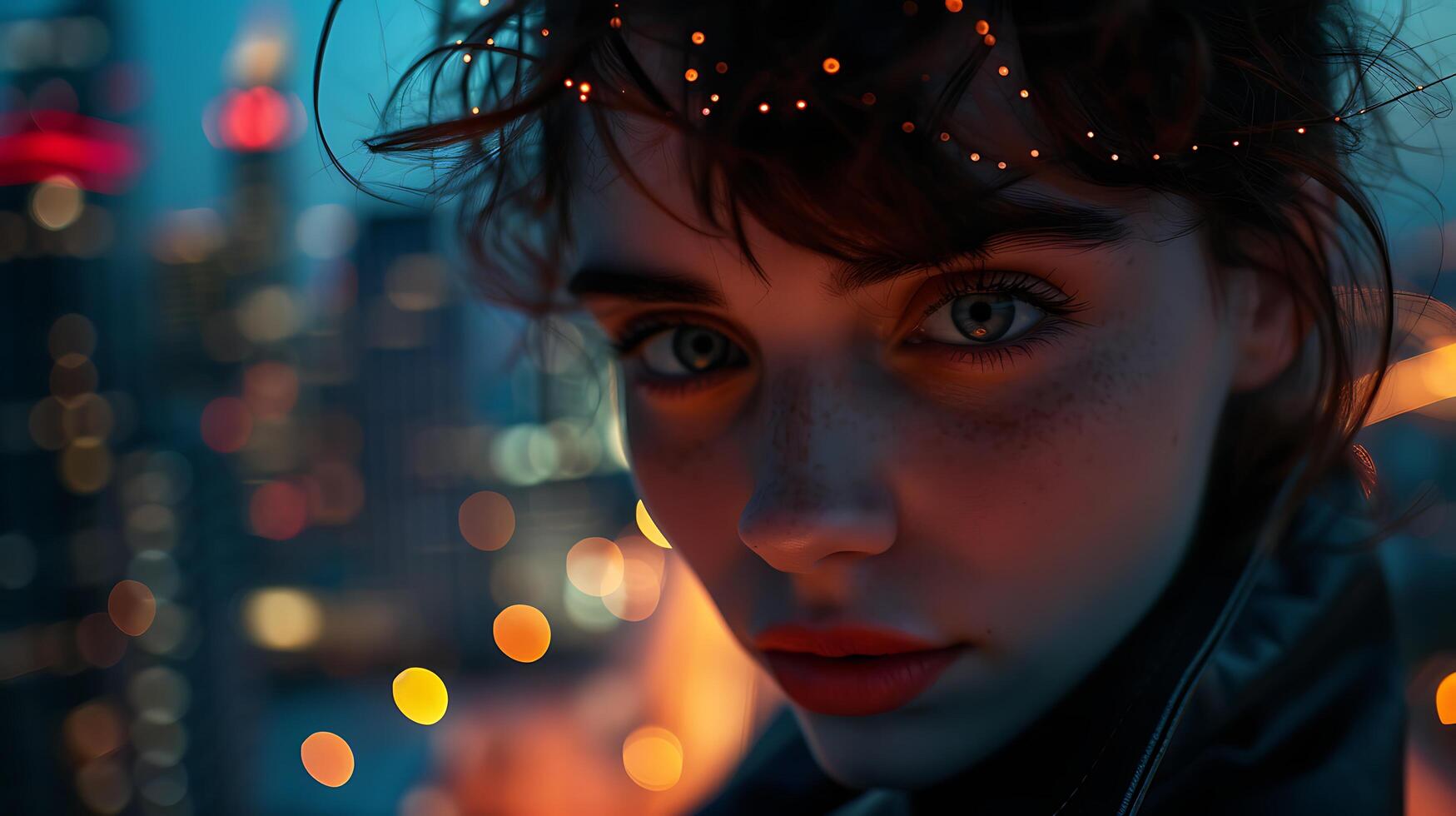 AI generated Determined Young Woman Gazes into City Lights at Dusk Eyes Filled with Hope photo